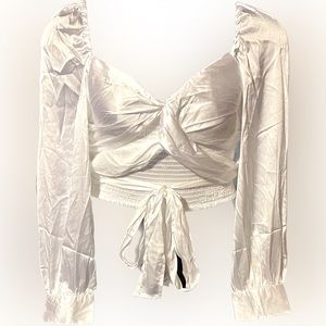 Sexy Deep V Neck Blouse Crop Top Long Puff Sleeve w/ wrap around Tie